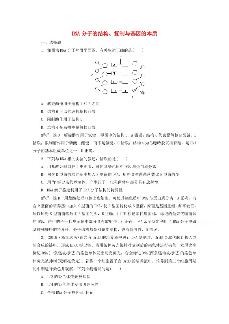 2022高考生物一轮复习课时检测21DNA分子的结构复制与基因的本质含解析新人教版