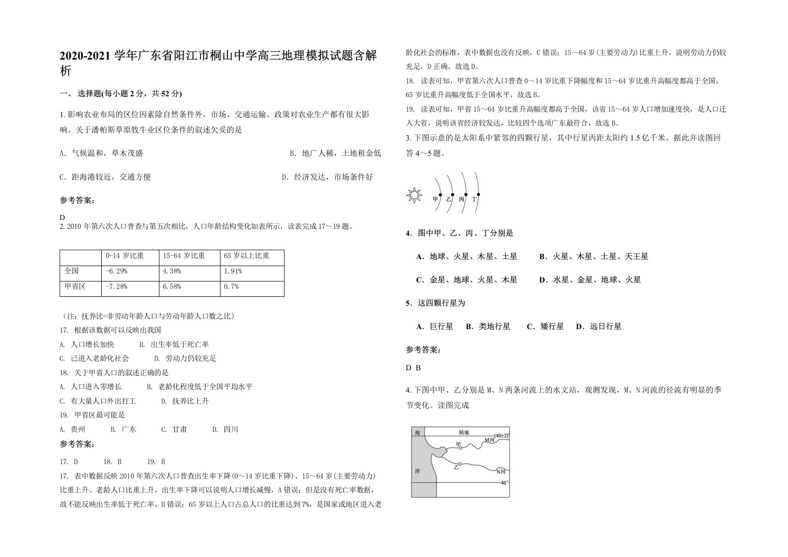 2020-2021学年广东省阳江市桐山中学高三地理模拟试题含解析