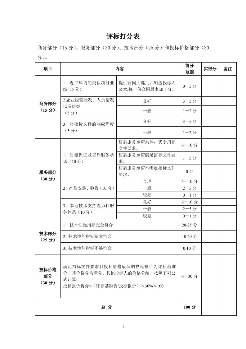 评标打分表