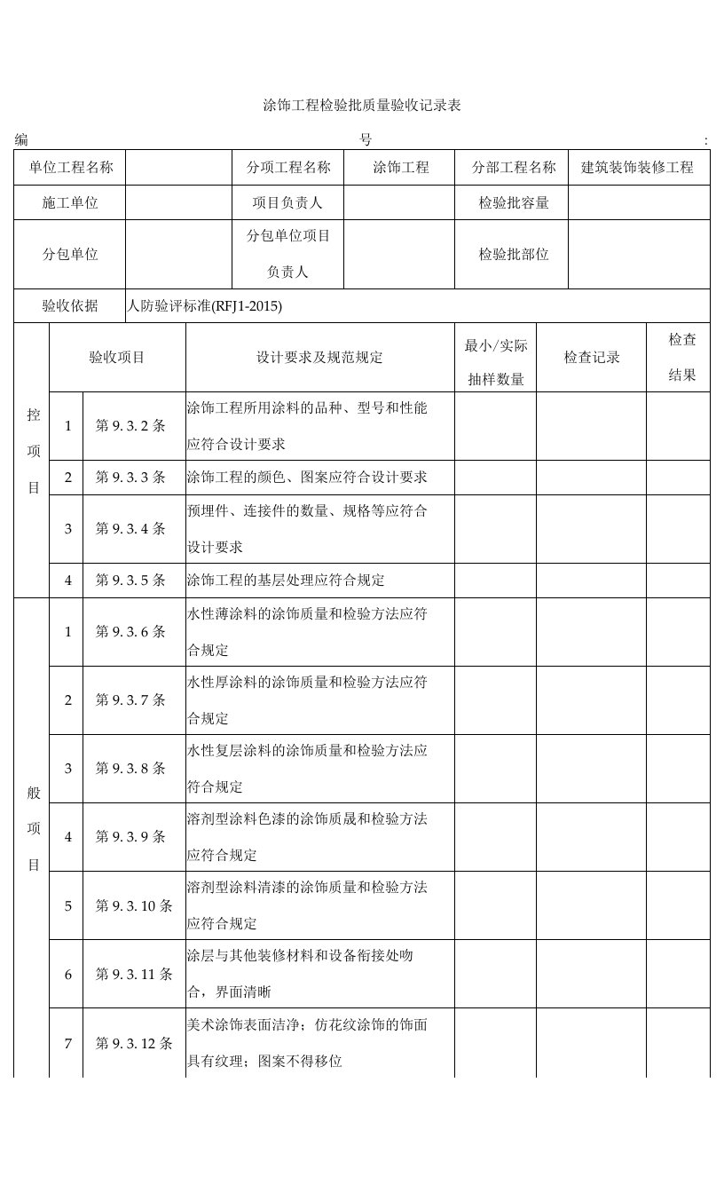 人防涂饰工程检验批质量验收记录表