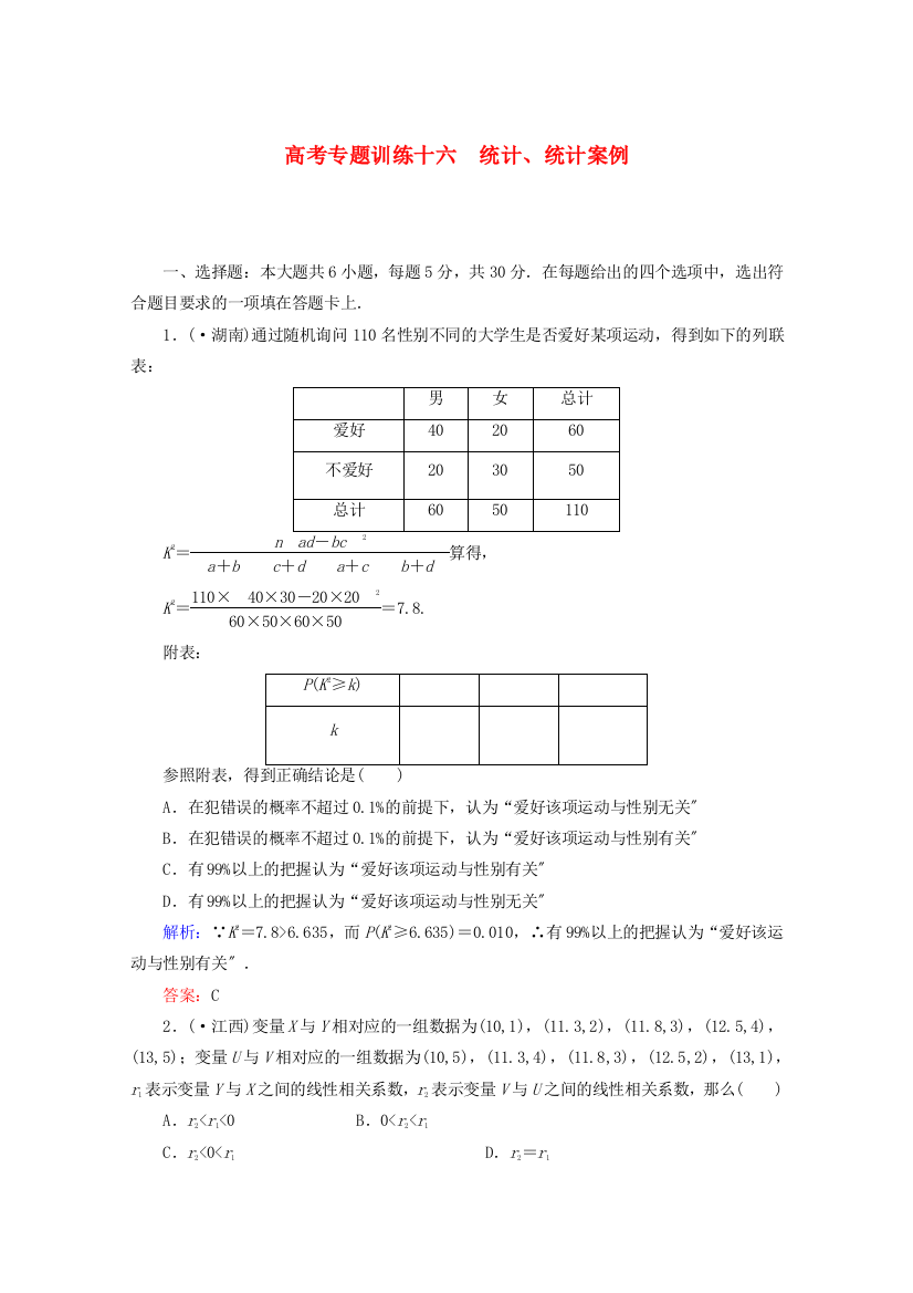 高考专题训练十六　统计、统计案例