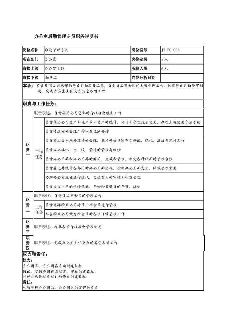 后勤管理部岗位说明书汇编4