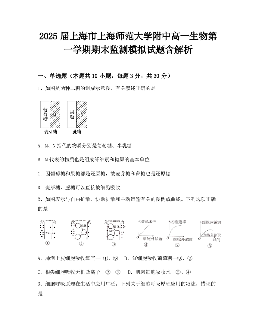 2025届上海市上海师范大学附中高一生物第一学期期末监测模拟试题含解析