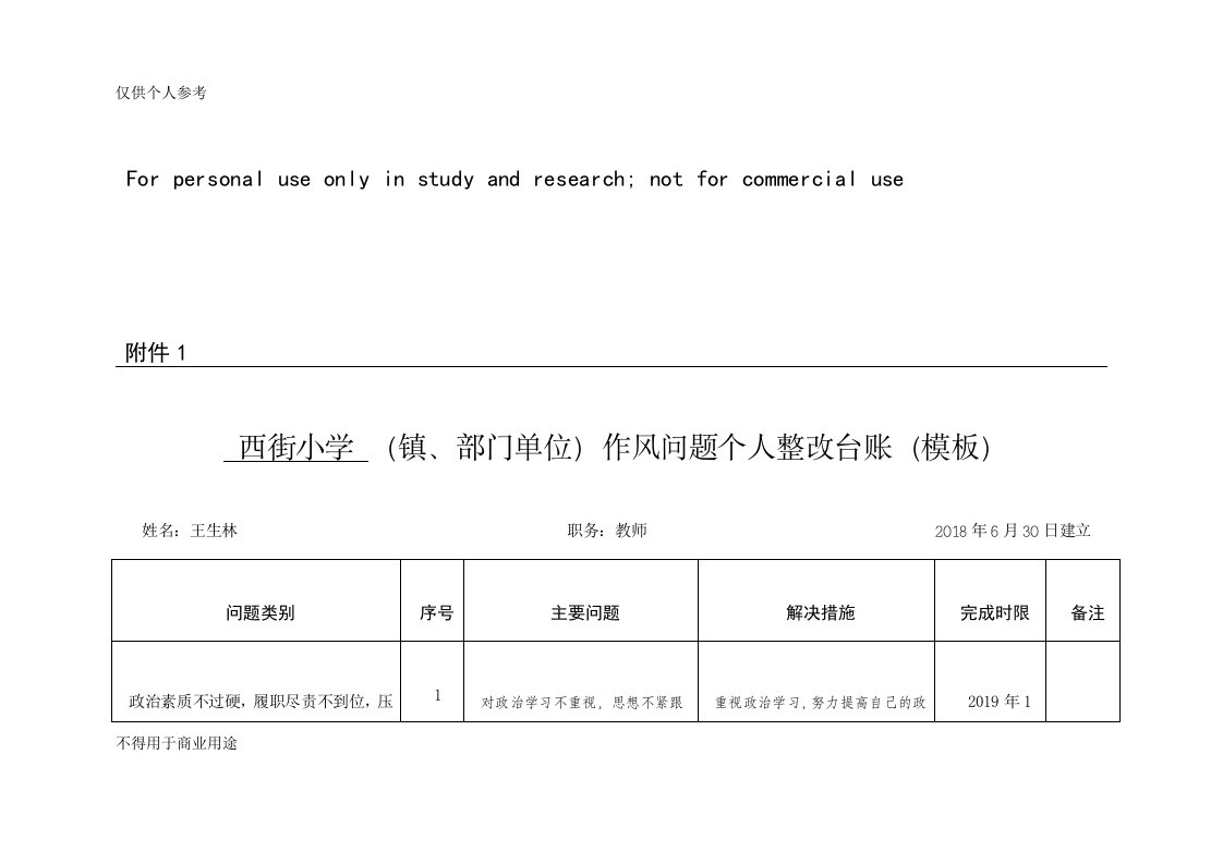 教师作风问题整改台帐