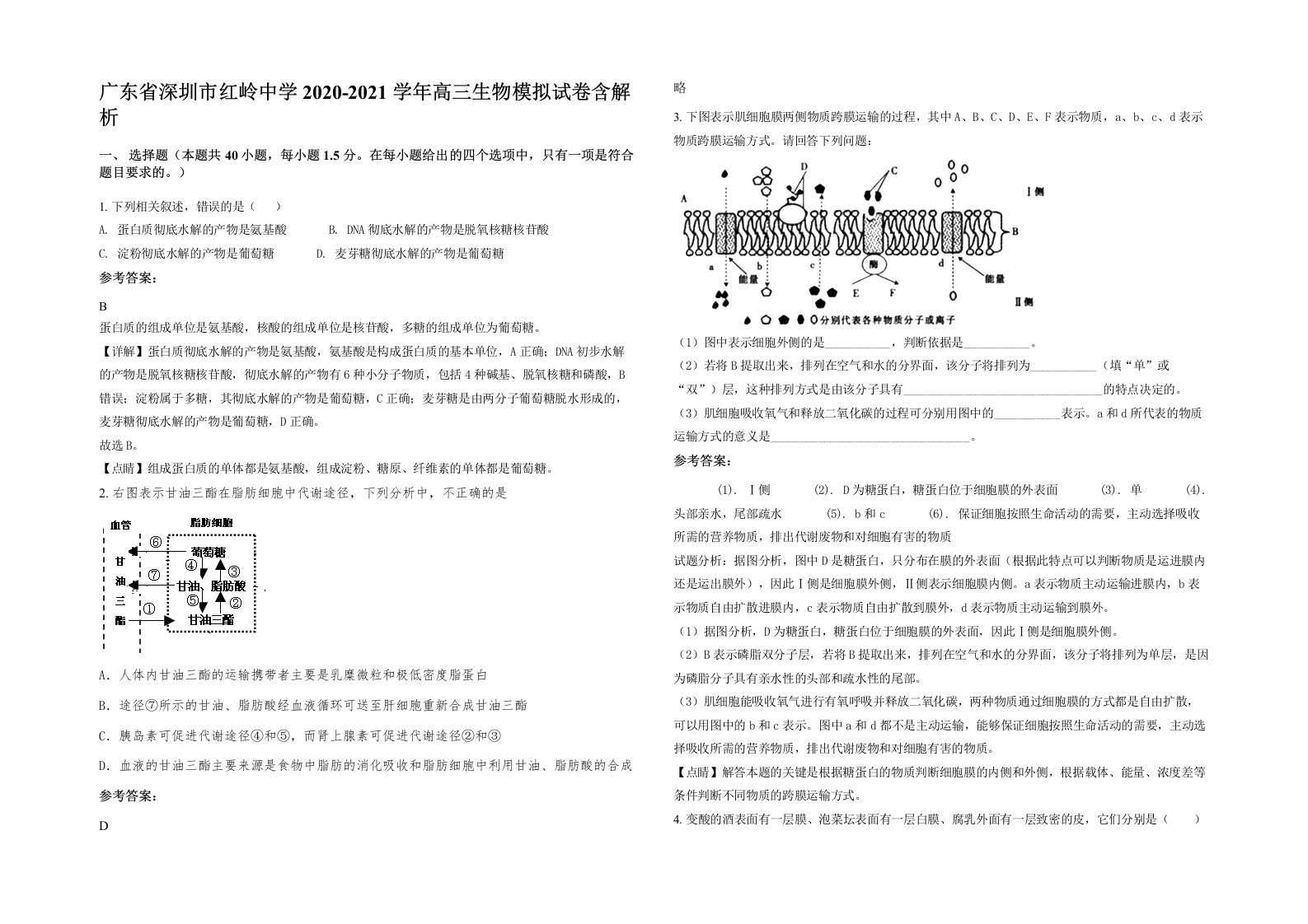 广东省深圳市红岭中学2020-2021学年高三生物模拟试卷含解析