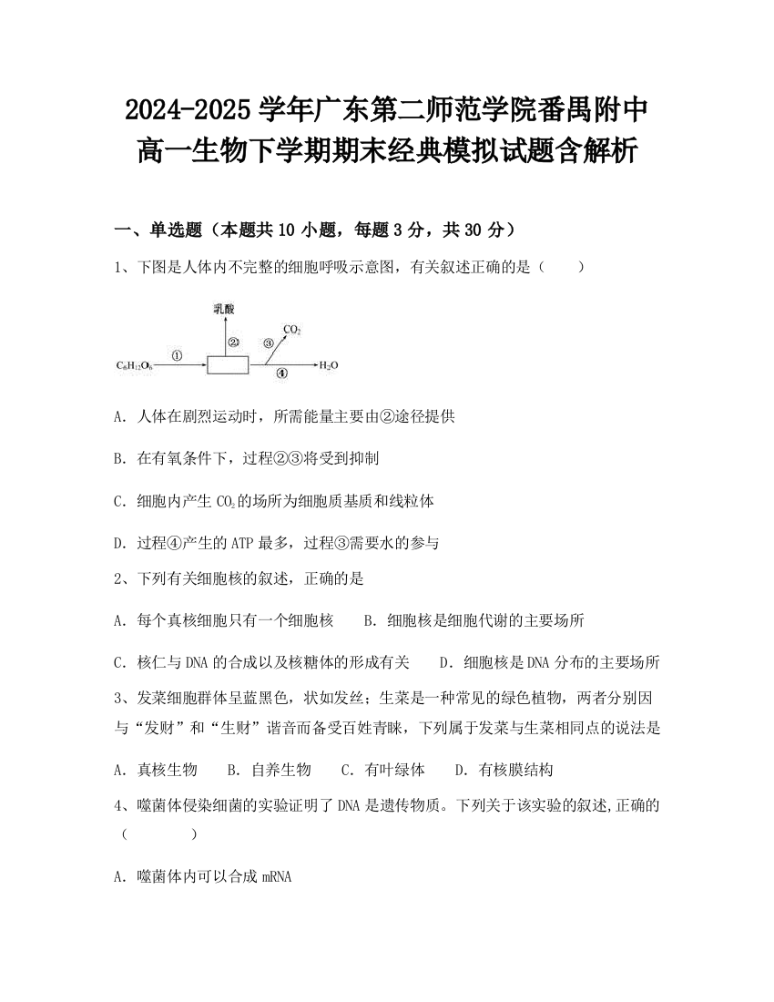 2024-2025学年广东第二师范学院番禺附中高一生物下学期期末经典模拟试题含解析