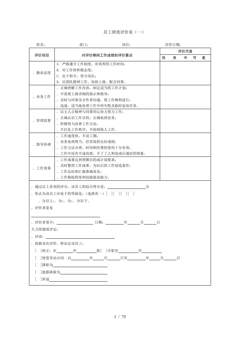 员工绩效评价表一