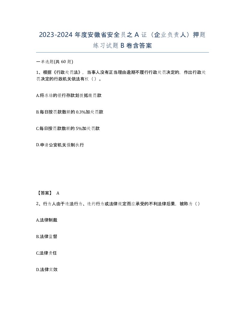 2023-2024年度安徽省安全员之A证企业负责人押题练习试题B卷含答案