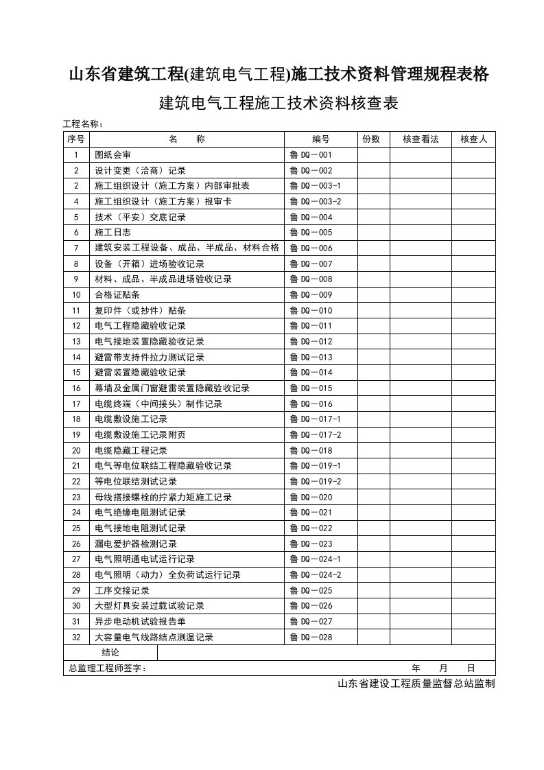 山东省建筑工程(电气工程)施工技术资料管理规程表格