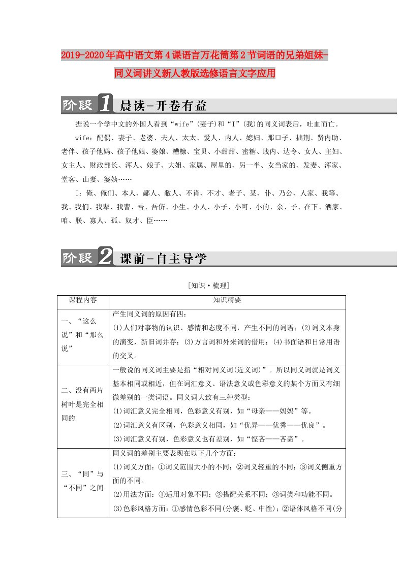 2019-2020年高中语文第4课语言万花筒第2节词语的兄弟姐妹-同义词讲义新人教版选修语言文字应用