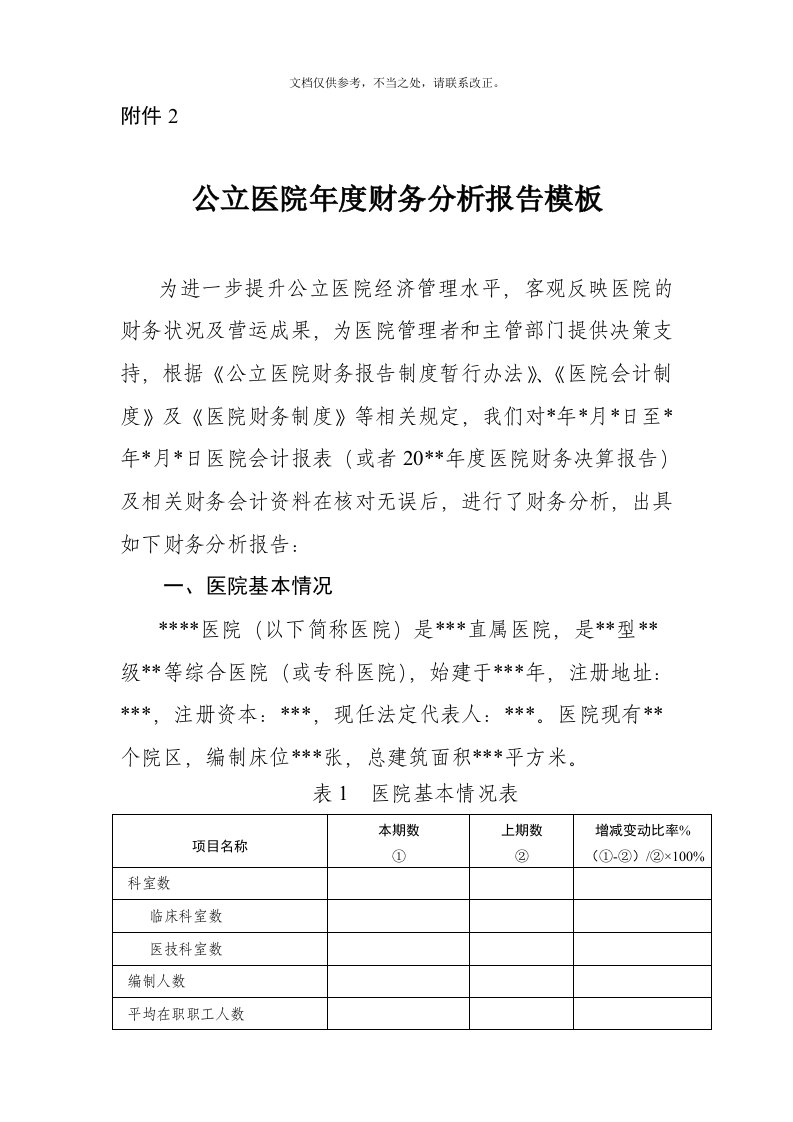 2020年公立医院年度财务分析报告模版