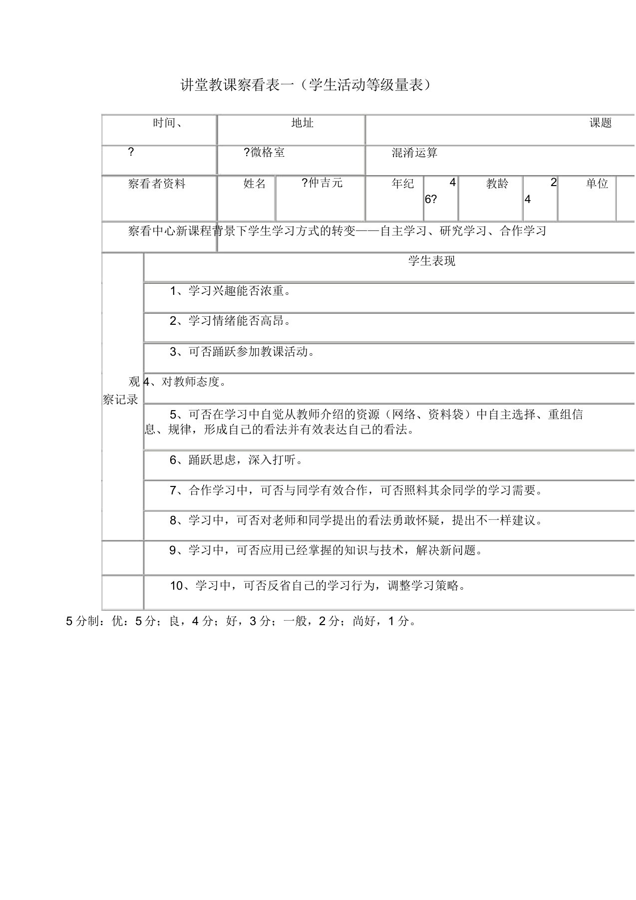 小学数学课堂观察量表