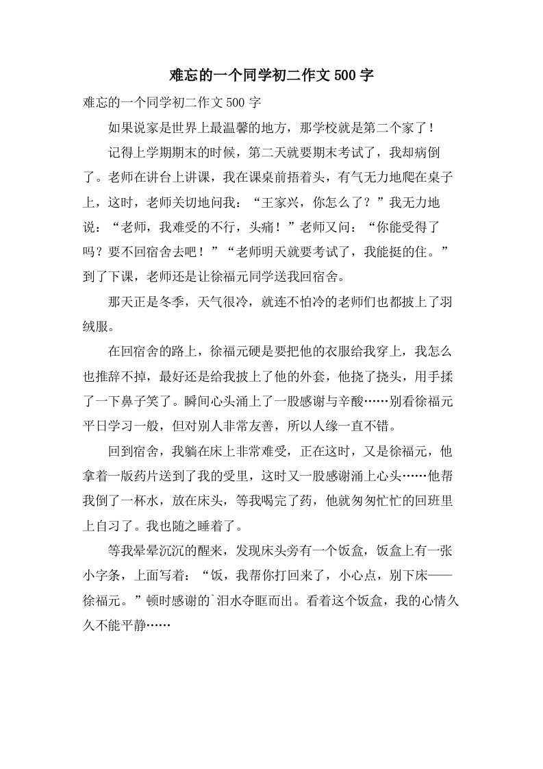 难忘的一个同学初二作文500字