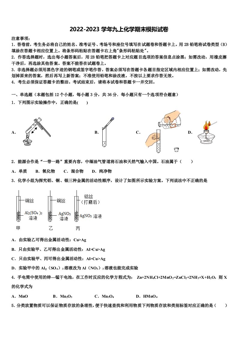 2023届安徽省桐城市黄岗九年级化学第一学期期末达标检测试题含解析