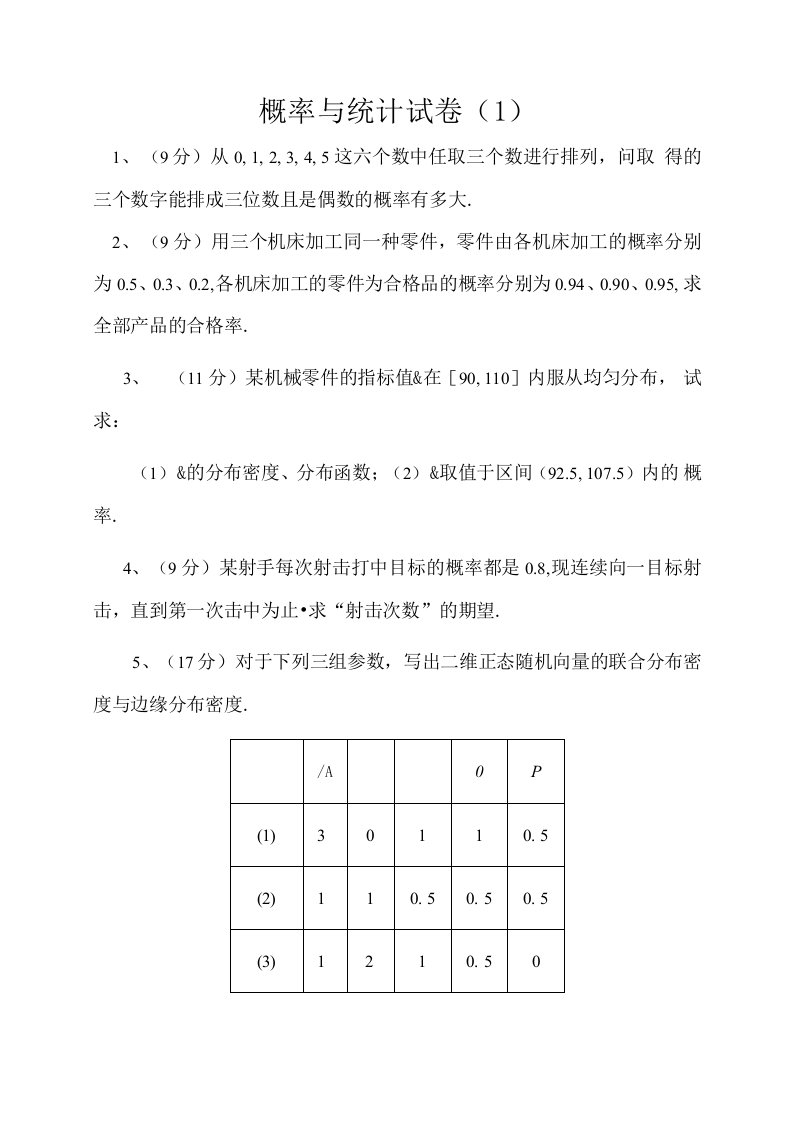 概率论试卷及答案