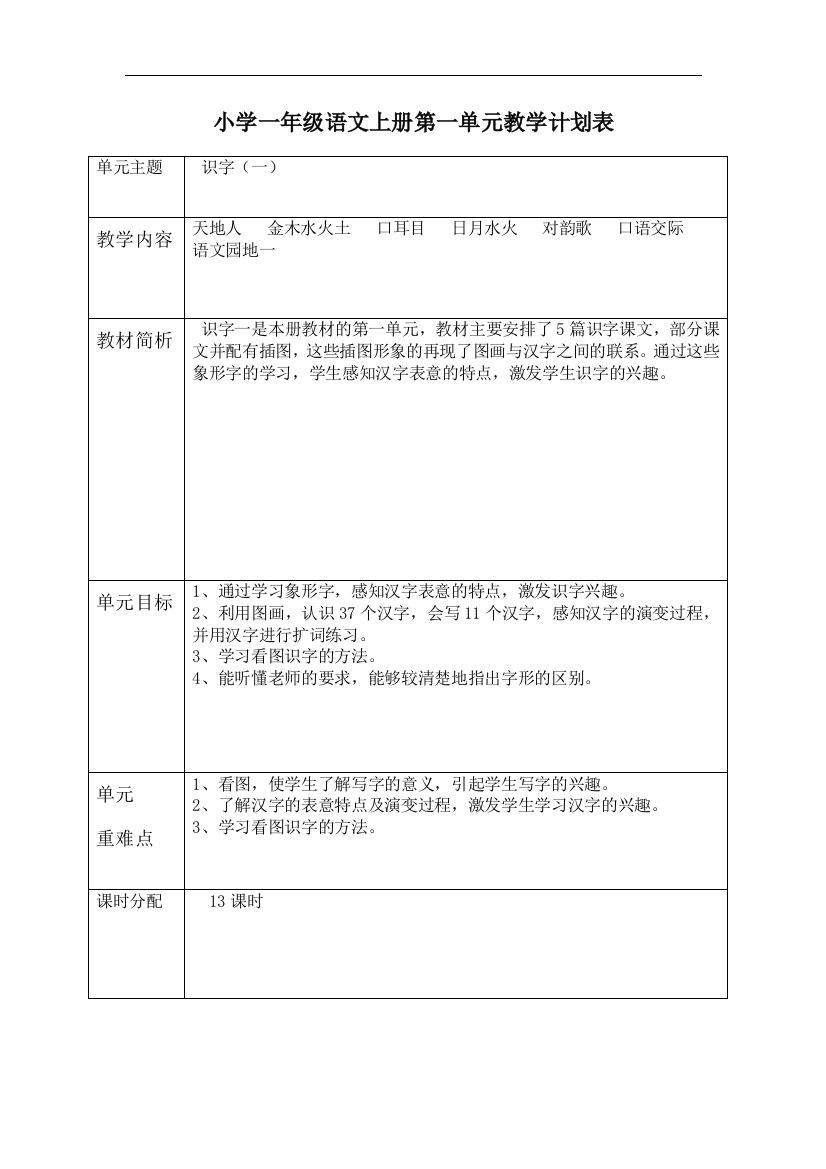 部编小学一年级语文上册单元计划资料