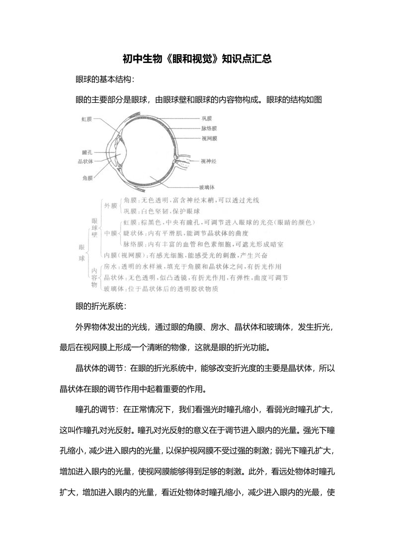 初中生物眼和视觉知识点汇总