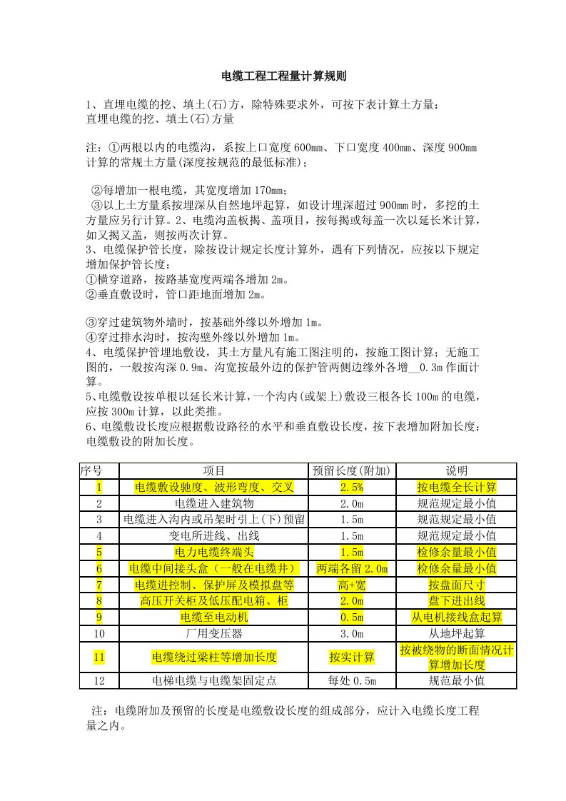 电缆工程工程量计算规则