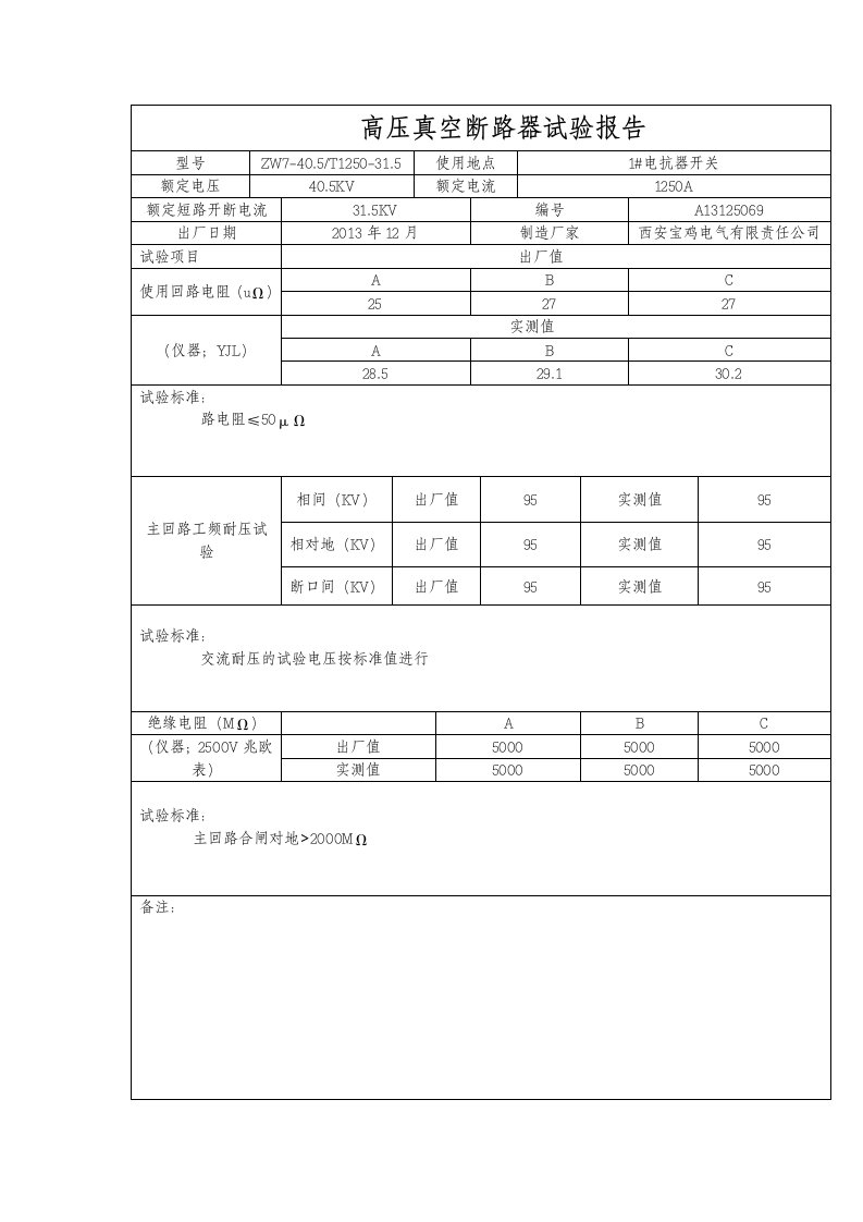 高压真空断路器试验报告