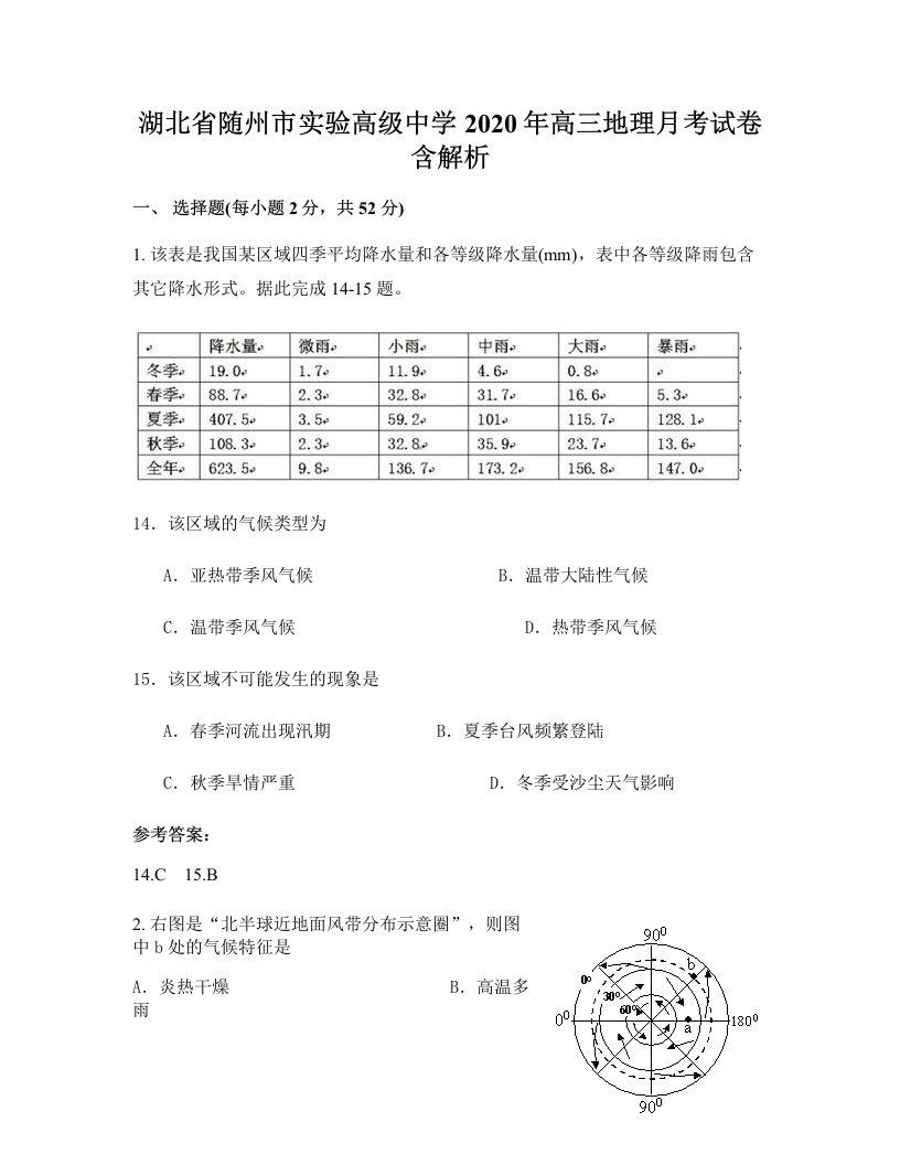 湖北省随州市实验高级中学2020年高三地理月考试卷含解析