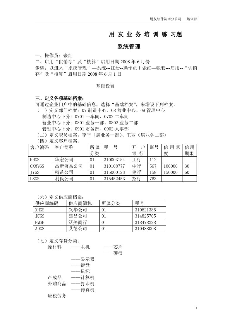 精选用友购销存进销存模板练习手册练习题