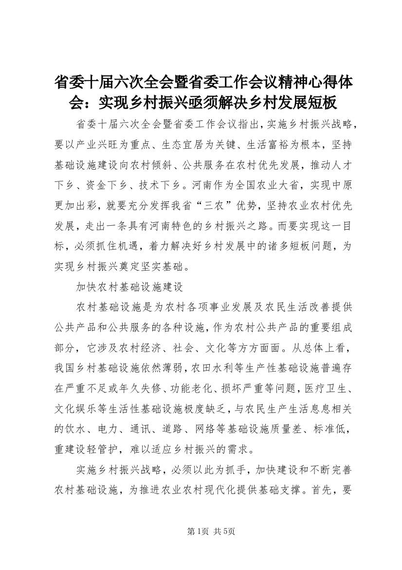 省委十届六次全会暨省委工作会议精神心得体会：实现乡村振兴亟须解决乡村发展短板