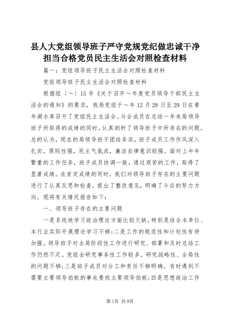 6县人大党组领导班子严守党规党纪做忠诚干净担当合格党员民主生活会对照检查材料