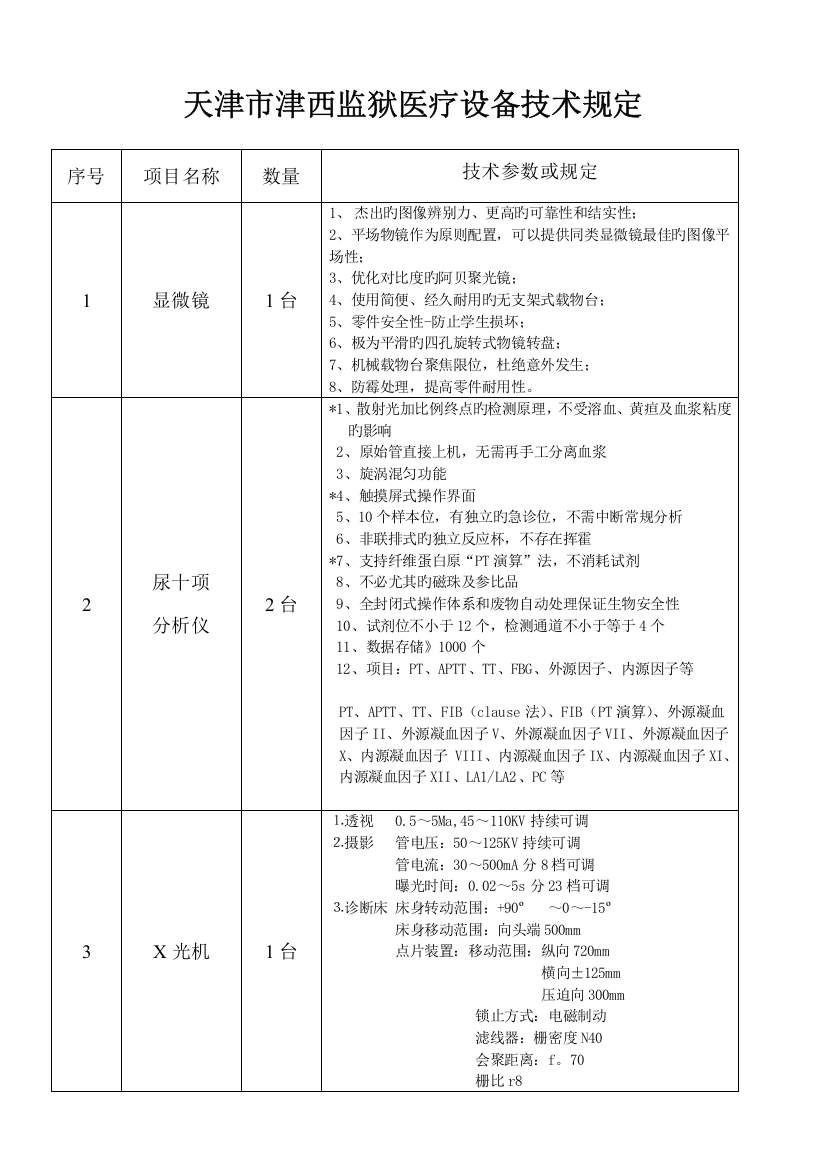 天津市津西监狱医疗设备技术要求