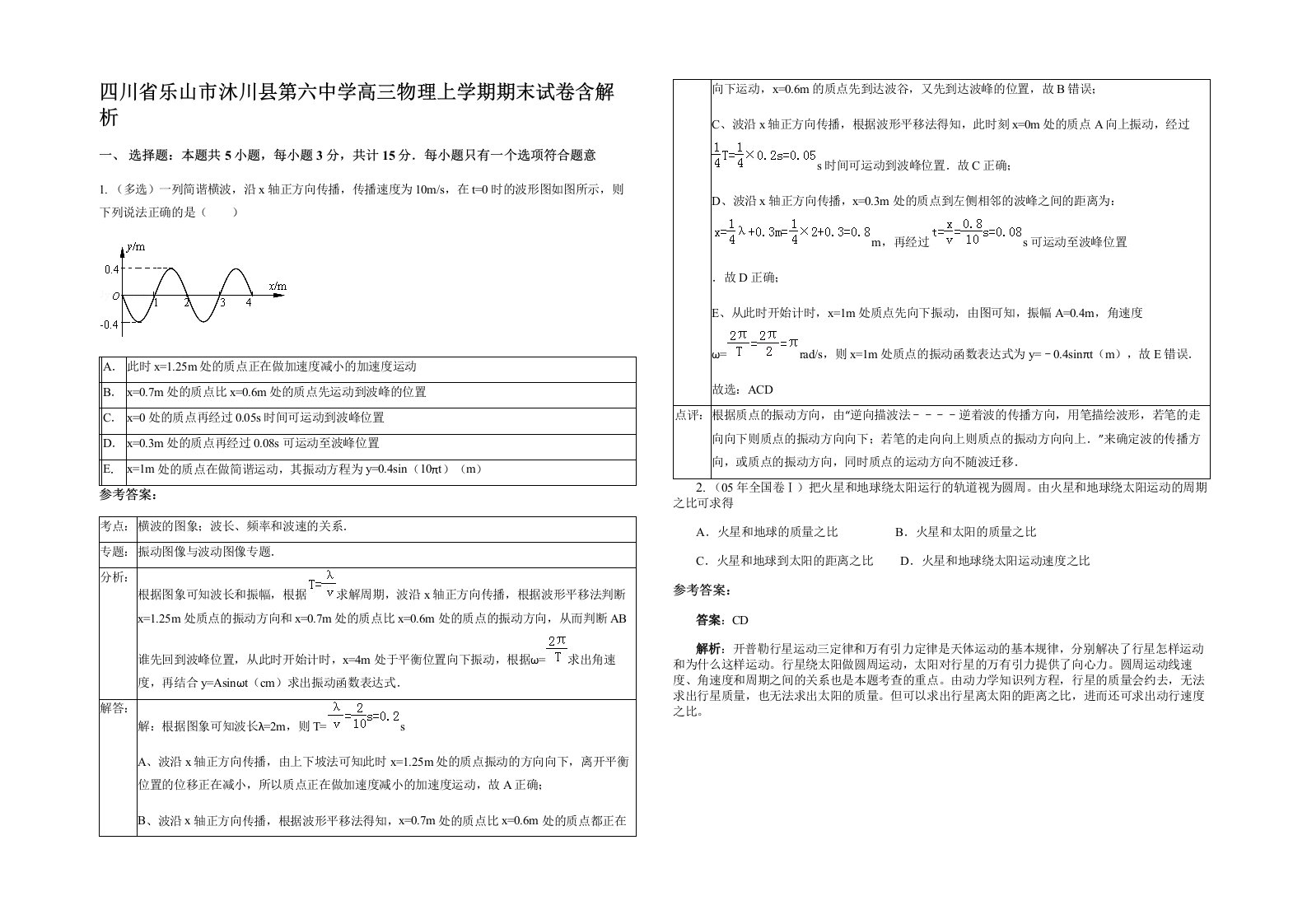 四川省乐山市沐川县第六中学高三物理上学期期末试卷含解析