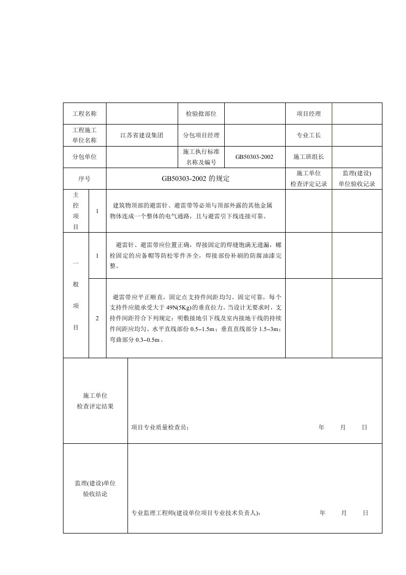 接闪器分项工程检验批质量验收记录表