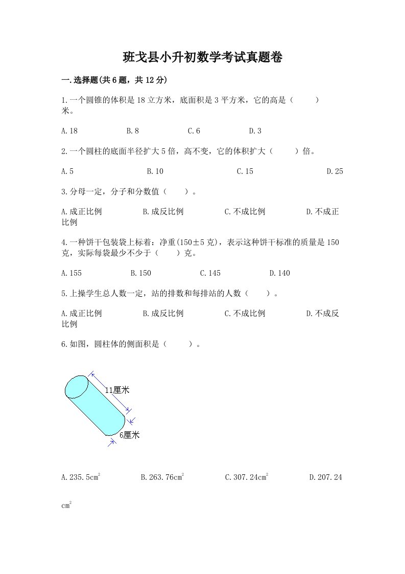 班戈县小升初数学考试真题卷新版