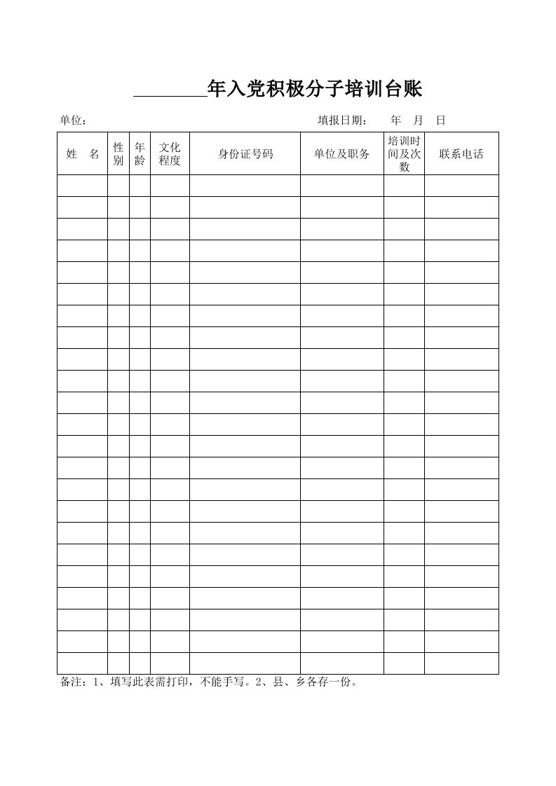 入党积极分子培训台账