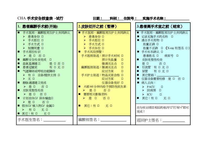 （安全管理）手术安全核查表与手术风险评估表