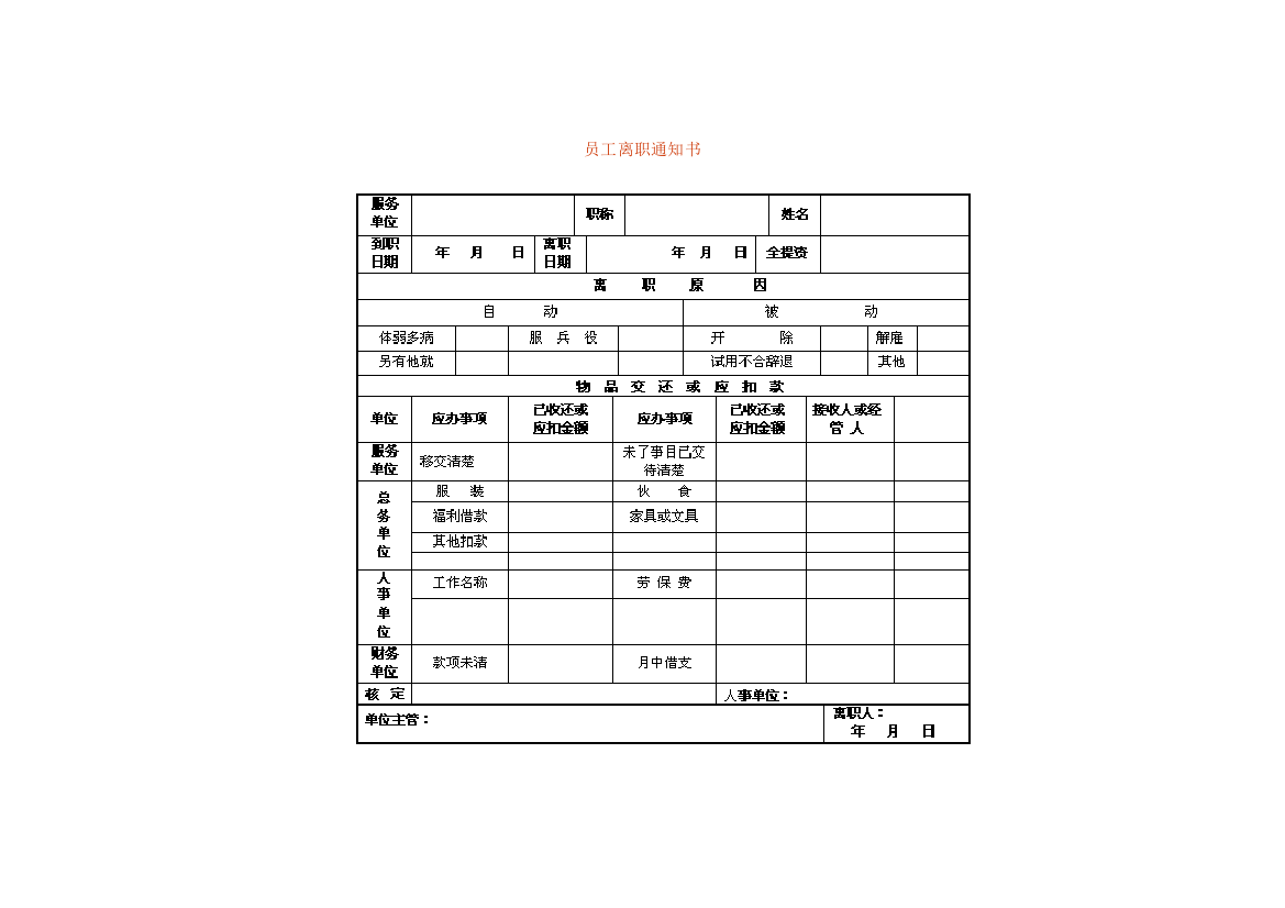 员工离职通知书