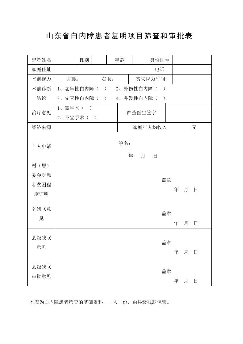 山东省白内障患者复明项目筛查和审批表[1]