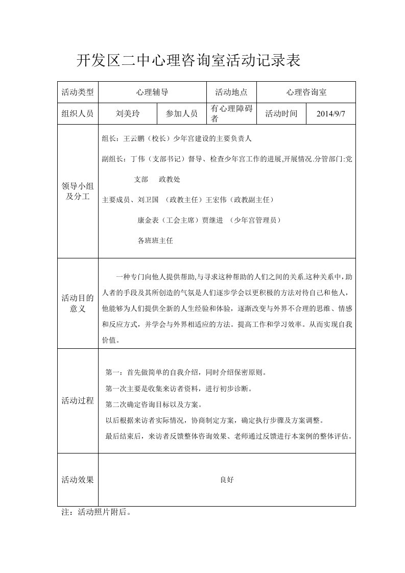 开发区二中少年宫心理咨询室活动记录表