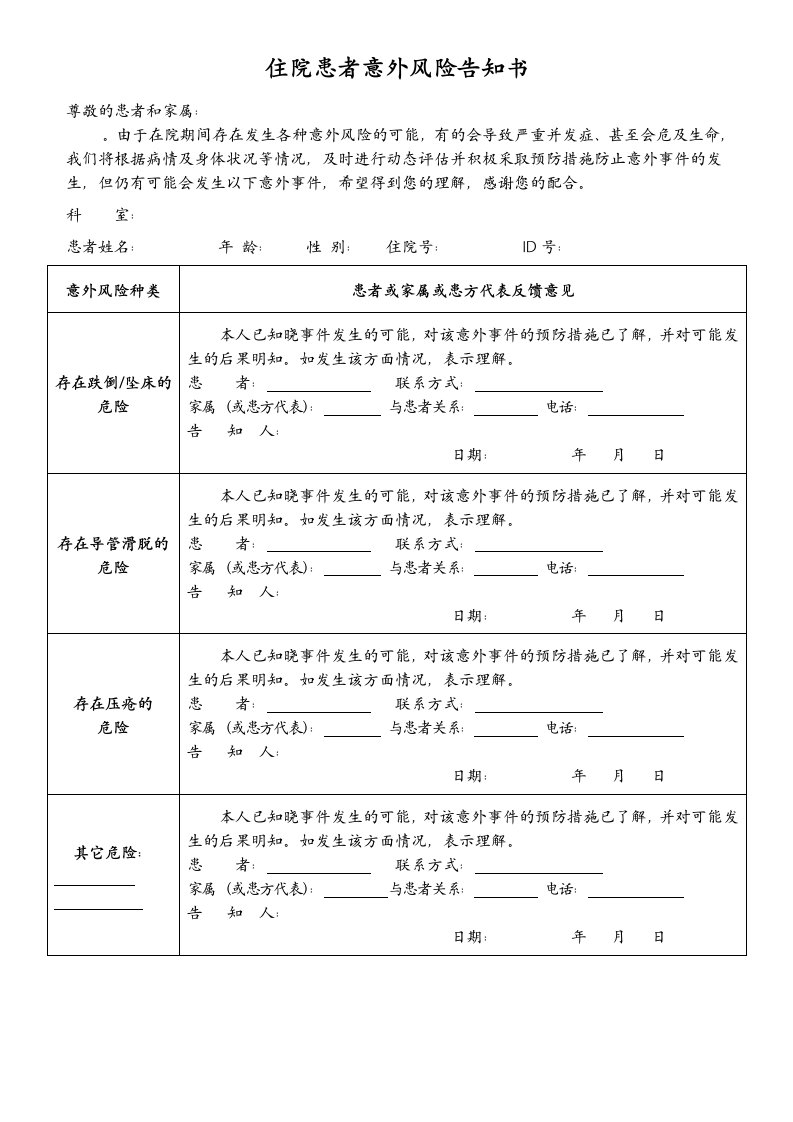 住院患者意外风险告知书最终版