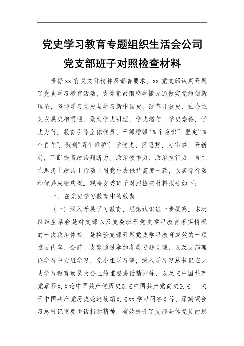 2021年党史学习教育专题组织生活会公司党支部班子对照检查材料