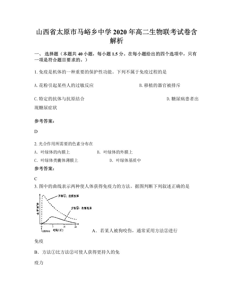 山西省太原市马峪乡中学2020年高二生物联考试卷含解析