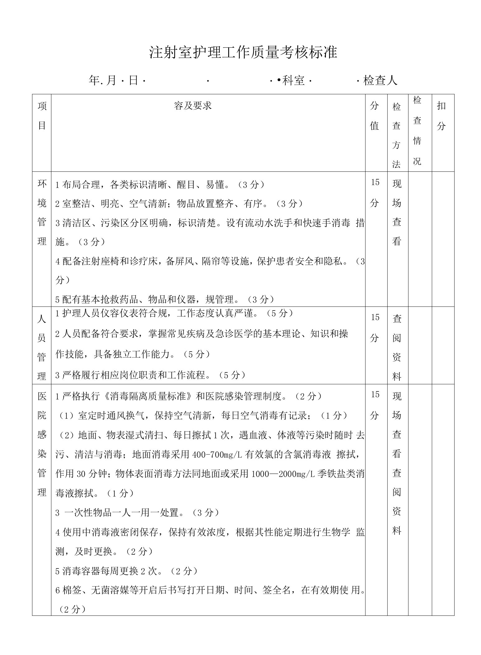 注射室护理工作质量考核标准