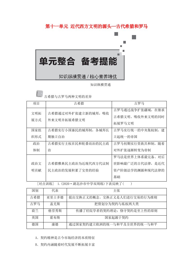 通史版2021高考历史选择性考试一轮复习第三部分世界史第11单元近代西方文明的源头_古代希腊和罗马单元整合备考提能学案含解析