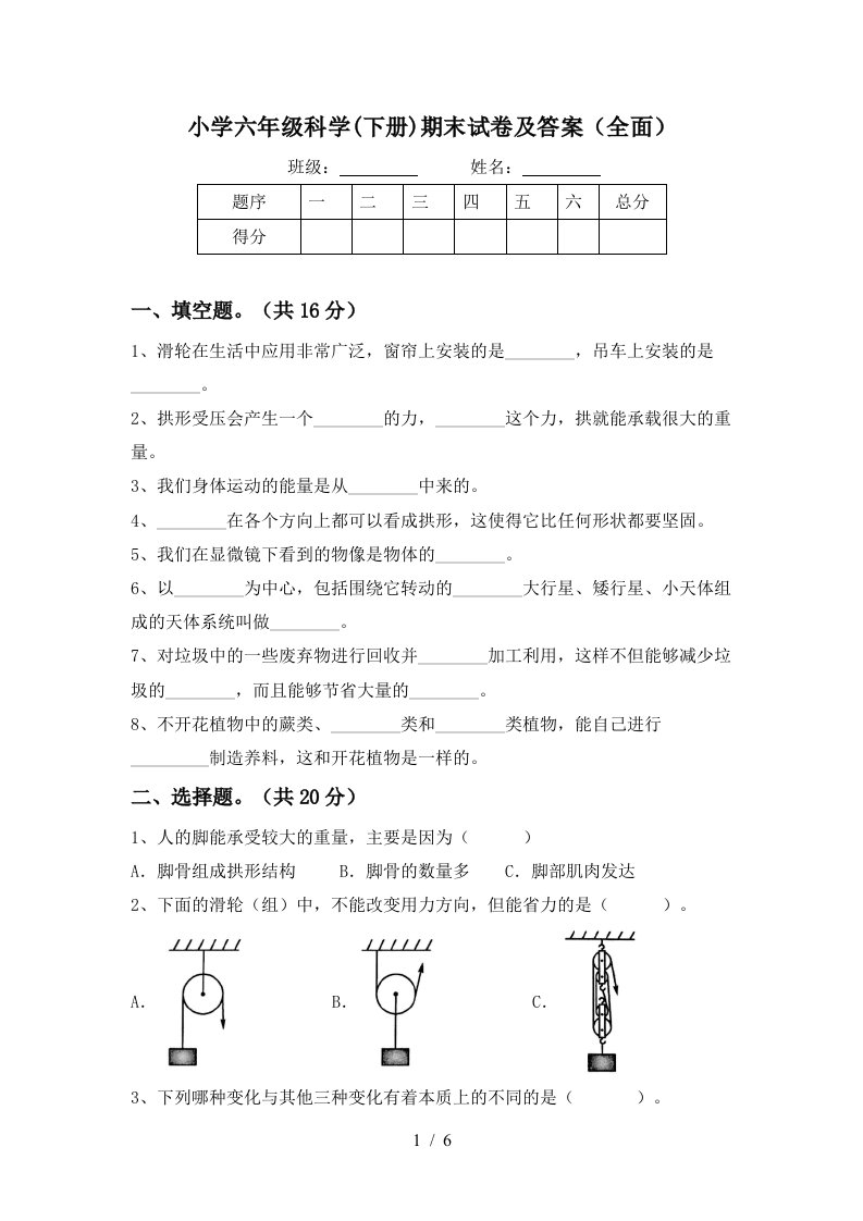 小学六年级科学下册期末试卷及答案全面