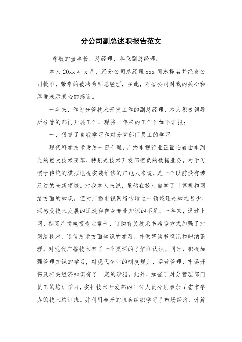 求职离职_述职报告_分公司副总述职报告范文