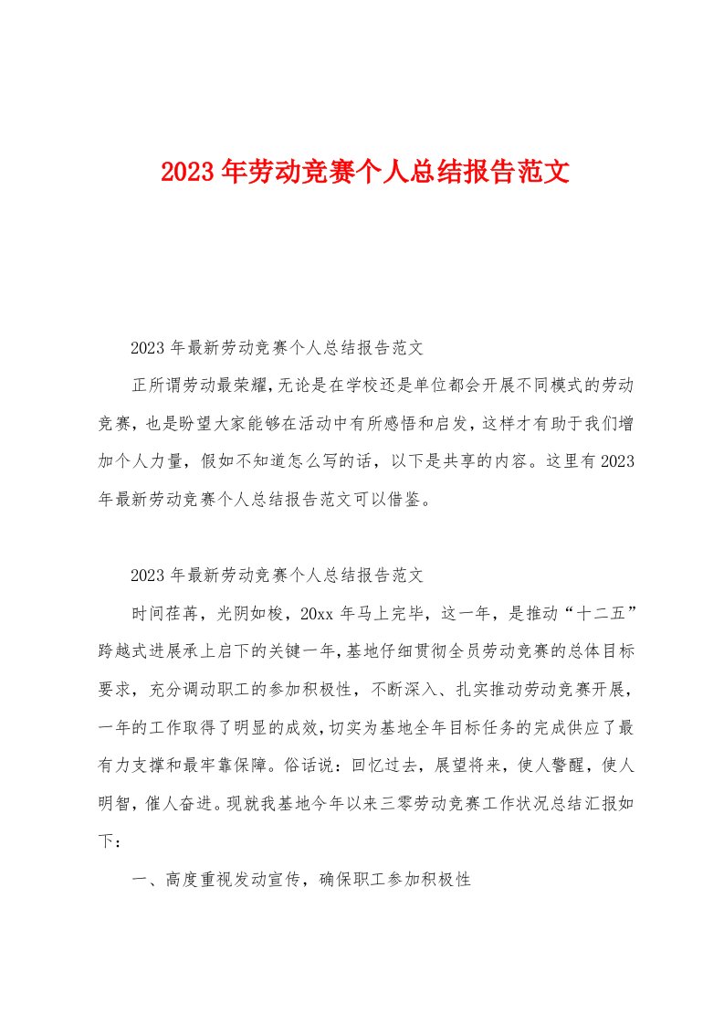 2023年劳动竞赛个人总结报告范文