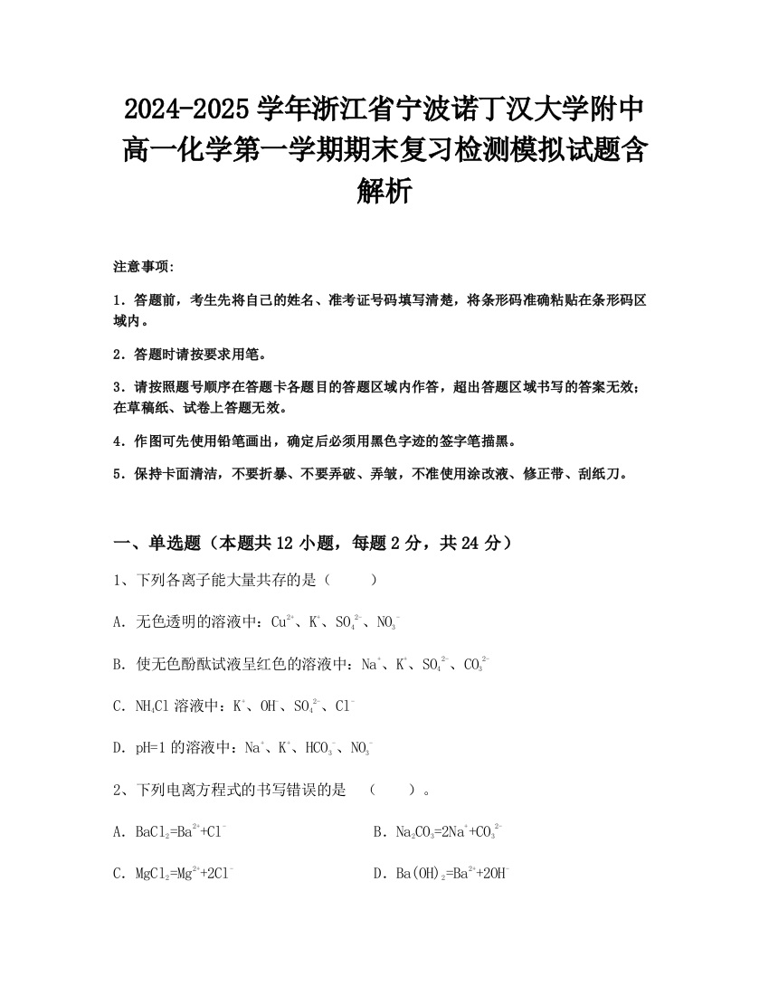 2024-2025学年浙江省宁波诺丁汉大学附中高一化学第一学期期末复习检测模拟试题含解析