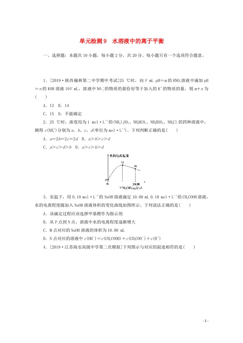 2021高考化学一轮复习单元检测9水溶液中的离子平衡含解析