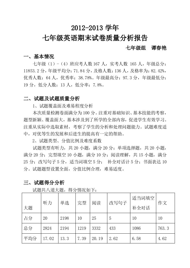 七年级英语期末试卷质量分析