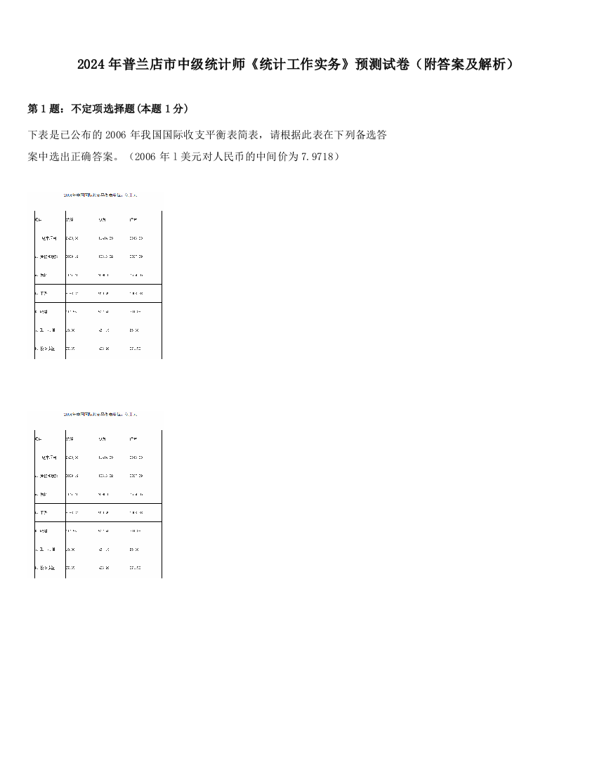 2024年普兰店市中级统计师《统计工作实务》预测试卷（附答案及解析）