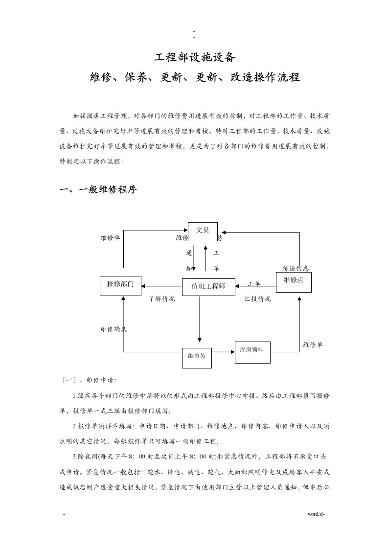 酒店工程部维修流程图