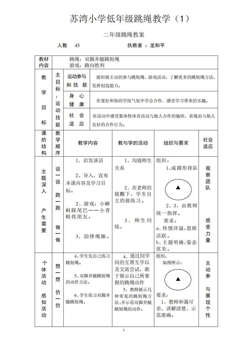 小学体育二年级跳绳教案1